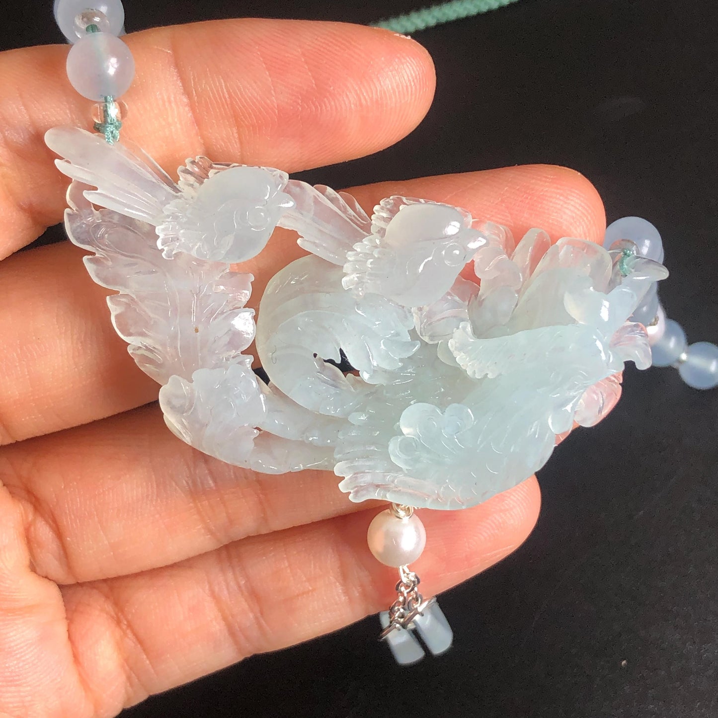 Certificate Natural Xiu Jade (Serpentine) Hand Carved Magpie Birds with Phoenix Pendant Adjustable Necklace Choker | Icy Milky Blue | Stone