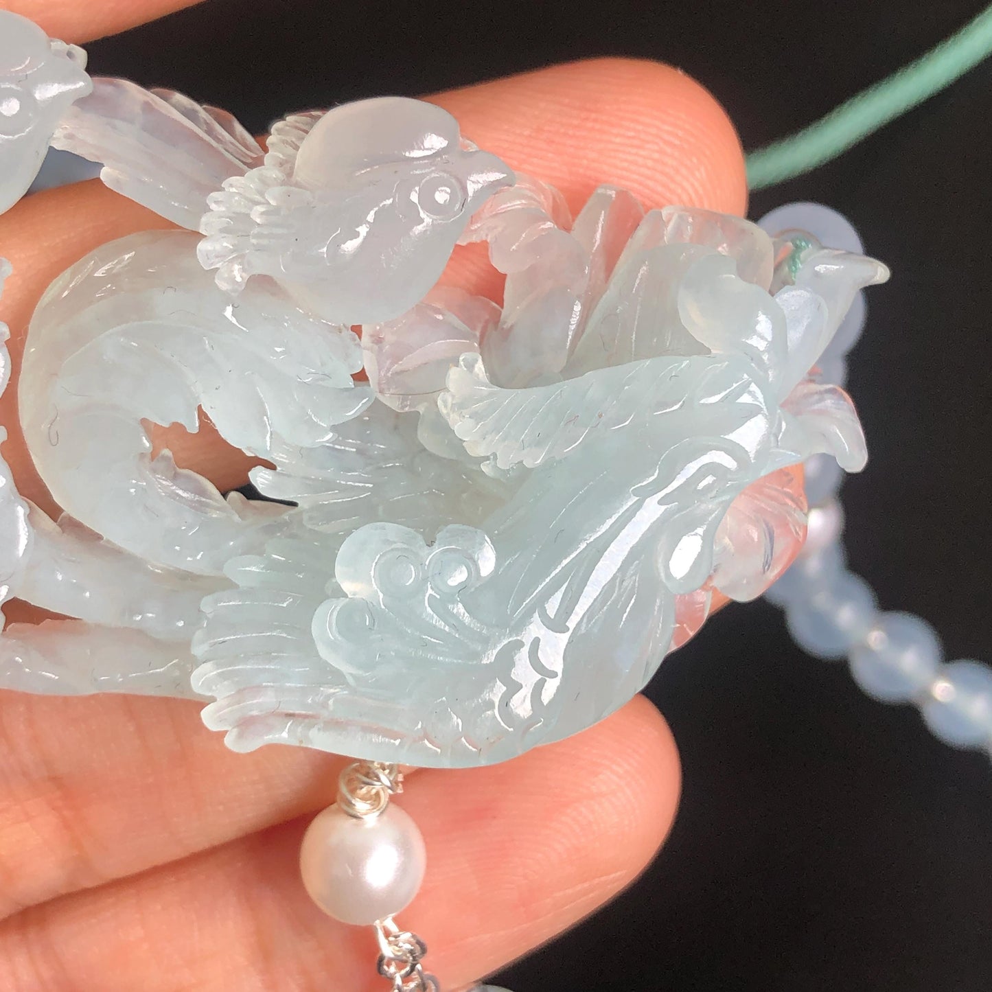 Certificate Natural Xiu Jade (Serpentine) Hand Carved Magpie Birds with Phoenix Pendant Adjustable Necklace Choker | Icy Milky Blue | Stone