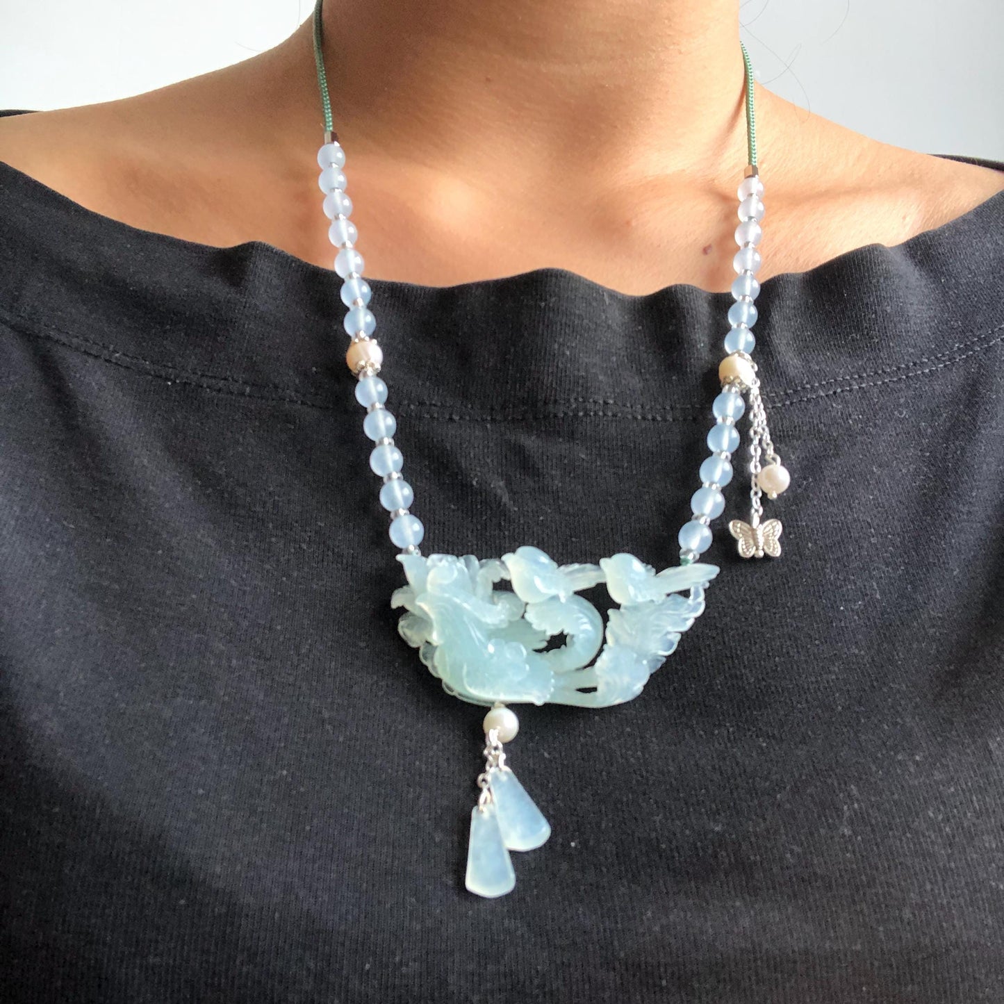 Certificate Natural Xiu Jade (Serpentine) Hand Carved Magpie Birds with Phoenix Pendant Adjustable Necklace Choker | Icy Milky Blue | Stone