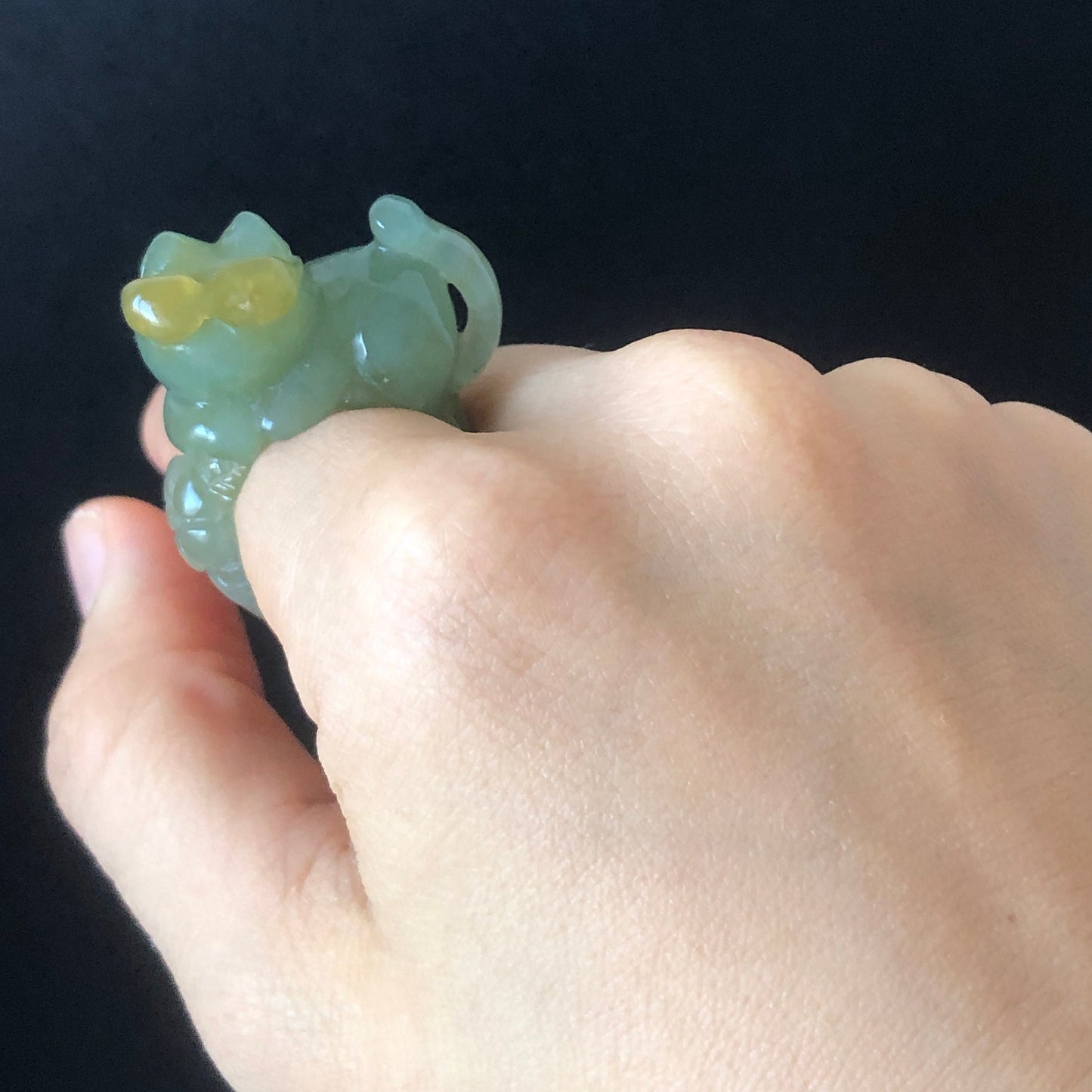 Natural Xiu Jade (Serpentine) Hand Craved Sunglasses Kitten Cat Flowers Ring | Green and Yellow | 17.3mm (US 7-7.5) | Stone Crystal Gemstone