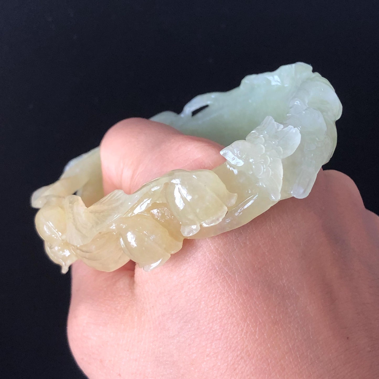 57mm Natural Xiu Jade Serpentine Hand Carved Bids with Lily of the Valley flowers and Bamboo Bangle | Green & Yellow | Lemon Lime Soda