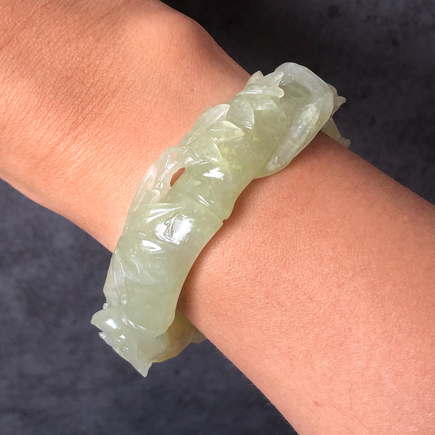 57mm Natural Xiu Jade Serpentine Hand Carved Bids with Lily of the Valley flowers and Bamboo Bangle | Green & Yellow | Lemon Lime Soda