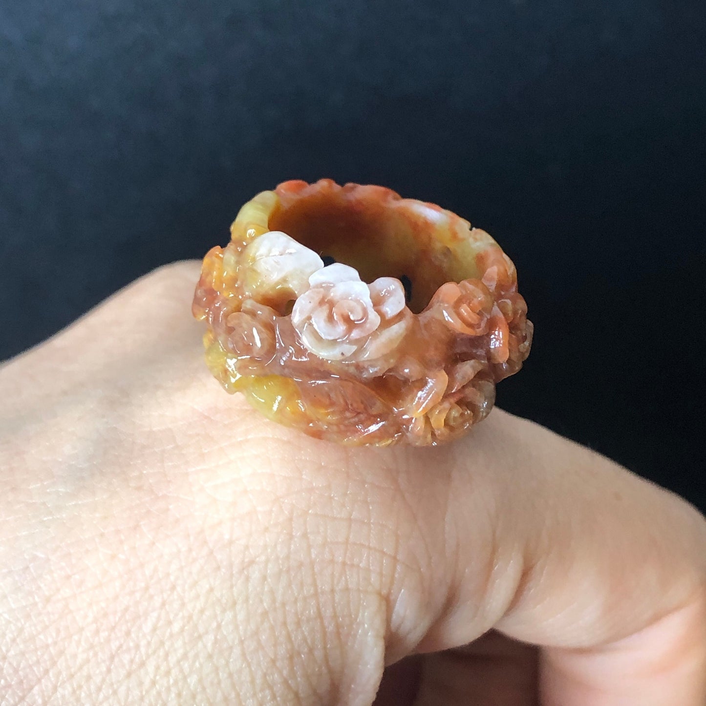 Natural Serpentine Xiu Jade Hand Craved Rose Flowers Stone Crystal Ring | Multi-colour Red Pink Yellow Orange | 16.3mm (US 5.5-6)