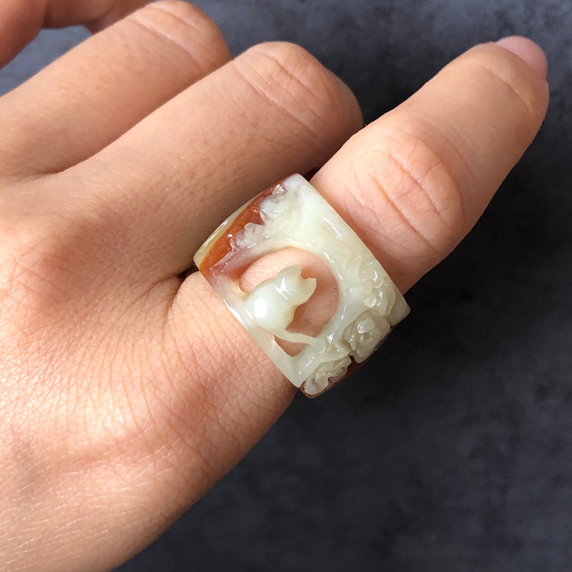 Natural Serpentine Xiu Jade Hand Craved Kitten Cat Rose Flowers Hollow Out Ring | 17.7mm size (US 7-7.5) | Stone Crystal Gemstone