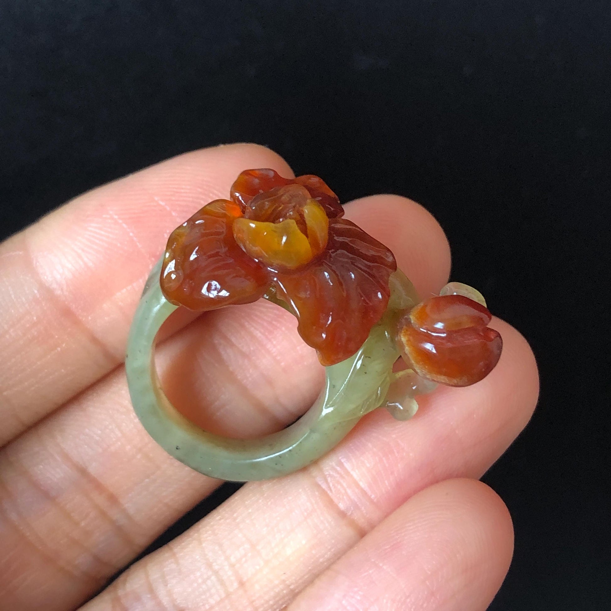 Natural Xiu Jade Serpentine Hand Craved Iris Flower and buds Blooming Ring | 16.1mm (US 5.5-6) | Caramel Brown & Green | Crystal Gemstone