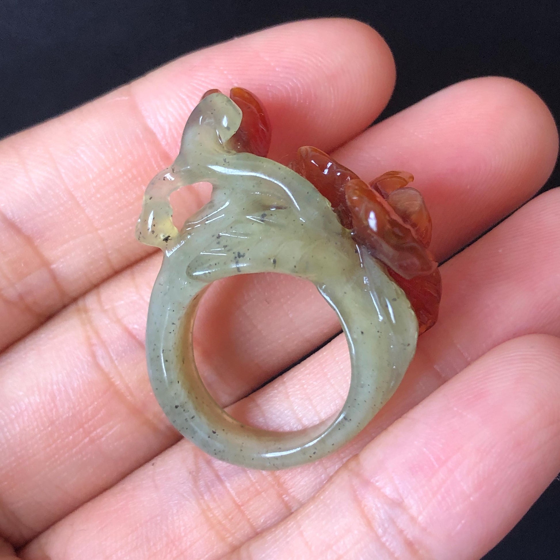 Natural Xiu Jade Serpentine Hand Craved Iris Flower and buds Blooming Ring | 16.1mm (US 5.5-6) | Caramel Brown & Green | Crystal Gemstone