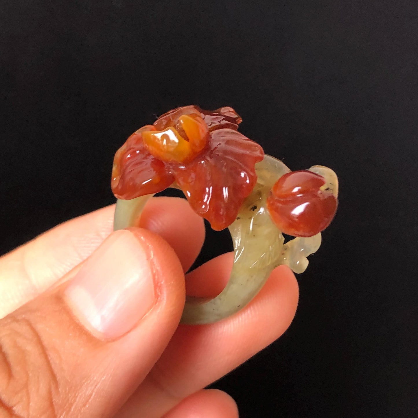 Natural Xiu Jade Serpentine Hand Craved Iris Flower and buds Blooming Ring | 16.1mm (US 5.5-6) | Caramel Brown & Green | Crystal Gemstone