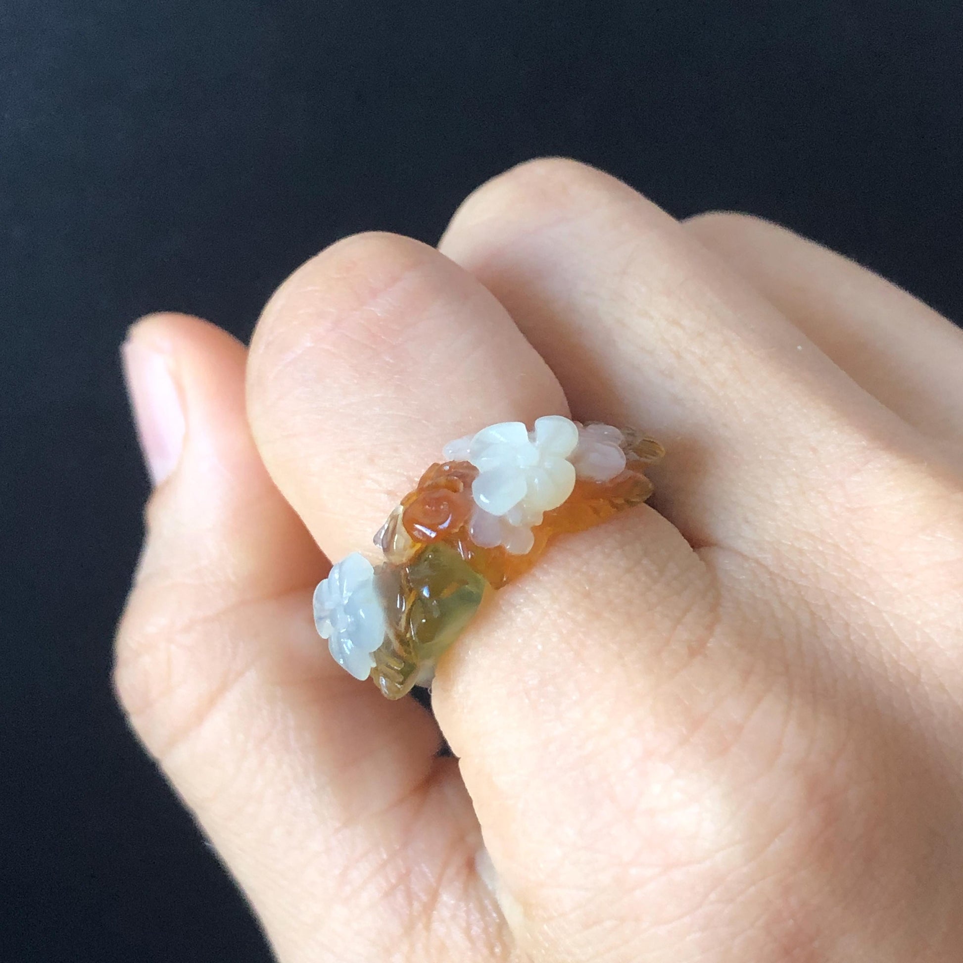 Natural Xiu Jade Serpentine Hand Carved Flowers Blooming Ring | 16.9mm (US 6.5-7) | 4 colours | Orange Yellow Green White | Crystal Gemstone