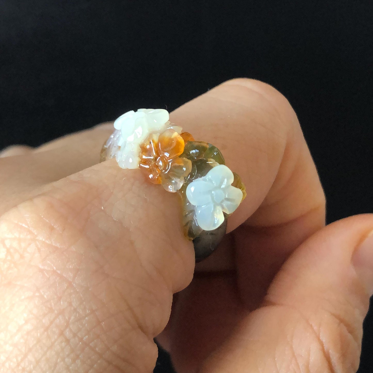 Natural Xiu Jade Serpentine Hand Carved Flowers Blooming Ring | 16.9mm (US 6.5-7) | 4 colours | Orange Yellow Green White | Crystal Gemstone