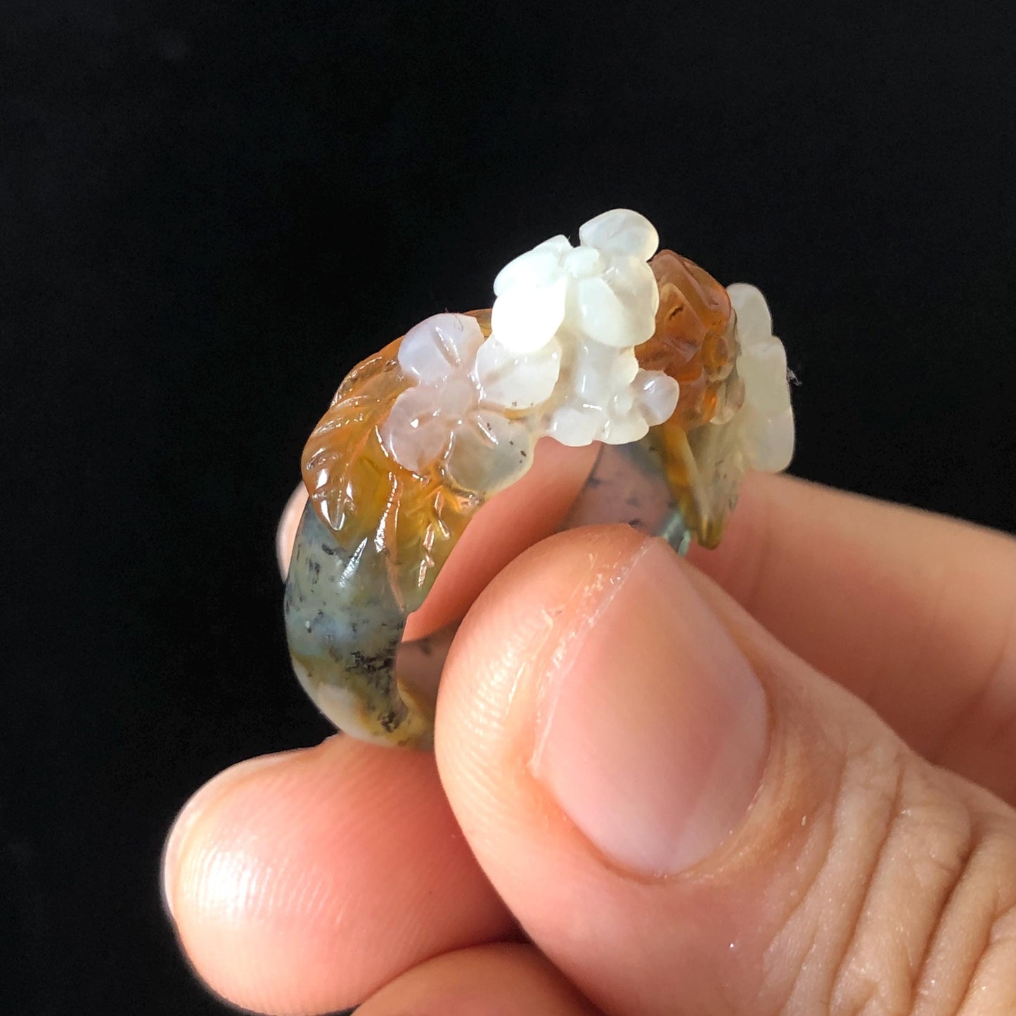 Natural Xiu Jade Serpentine Hand Carved Flowers Blooming Ring | 16.9mm (US 6.5-7) | 4 colours | Orange Yellow Green White | Crystal Gemstone