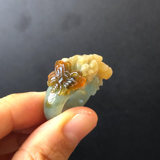 Natural Xiu Jade (Serpentine) Hand Craved Flower with Butterfly Ring | 17.1mm (US 7) | Yellow, Caramel & Greenish Blue | Crystal Gemstone