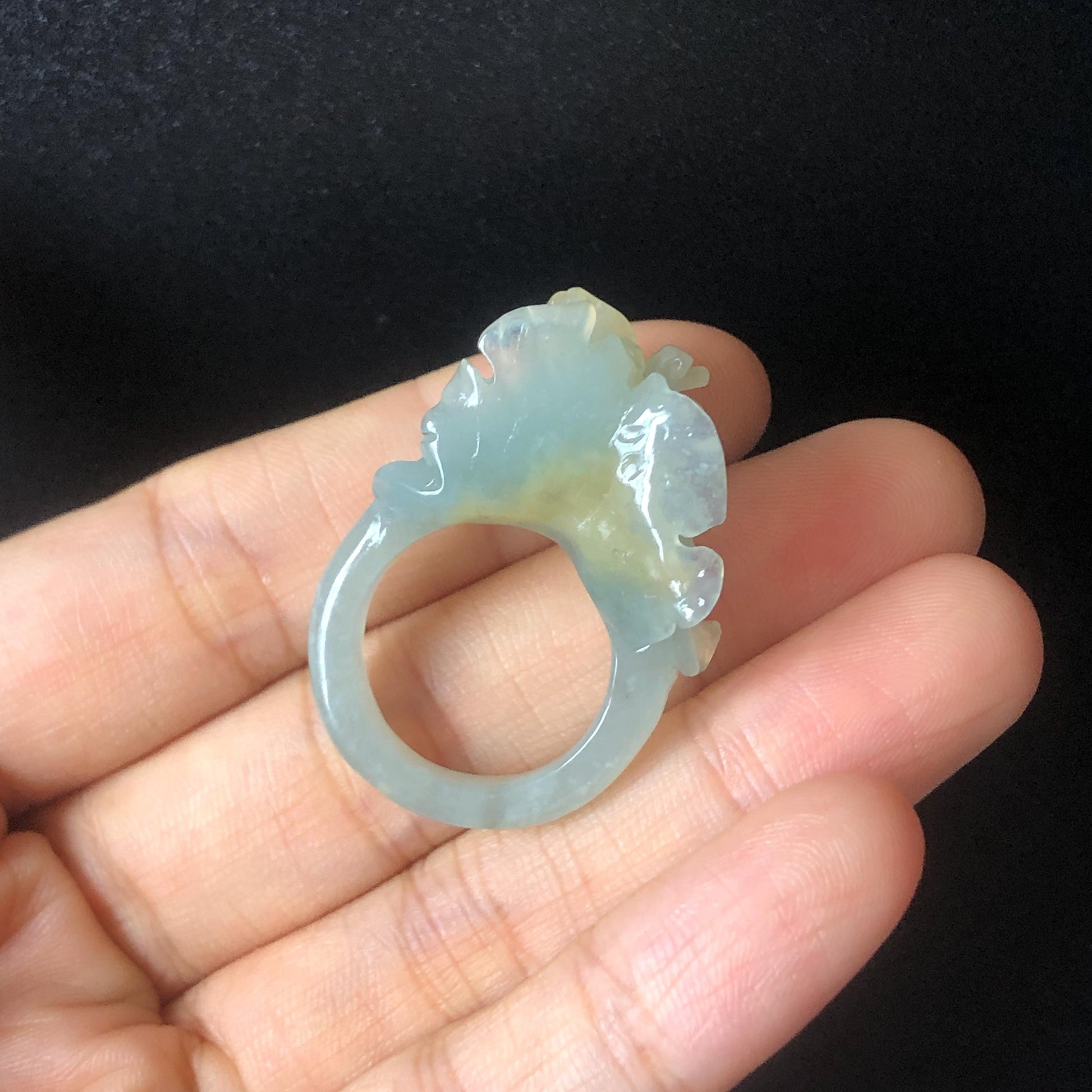 Natural Xiu Jade (Serpentine) Hand Craved Iris Flower Blooming Ring | 17.5mm (US 7.5) | Blue and Yellow | Crystal Stone Gemstone Ring