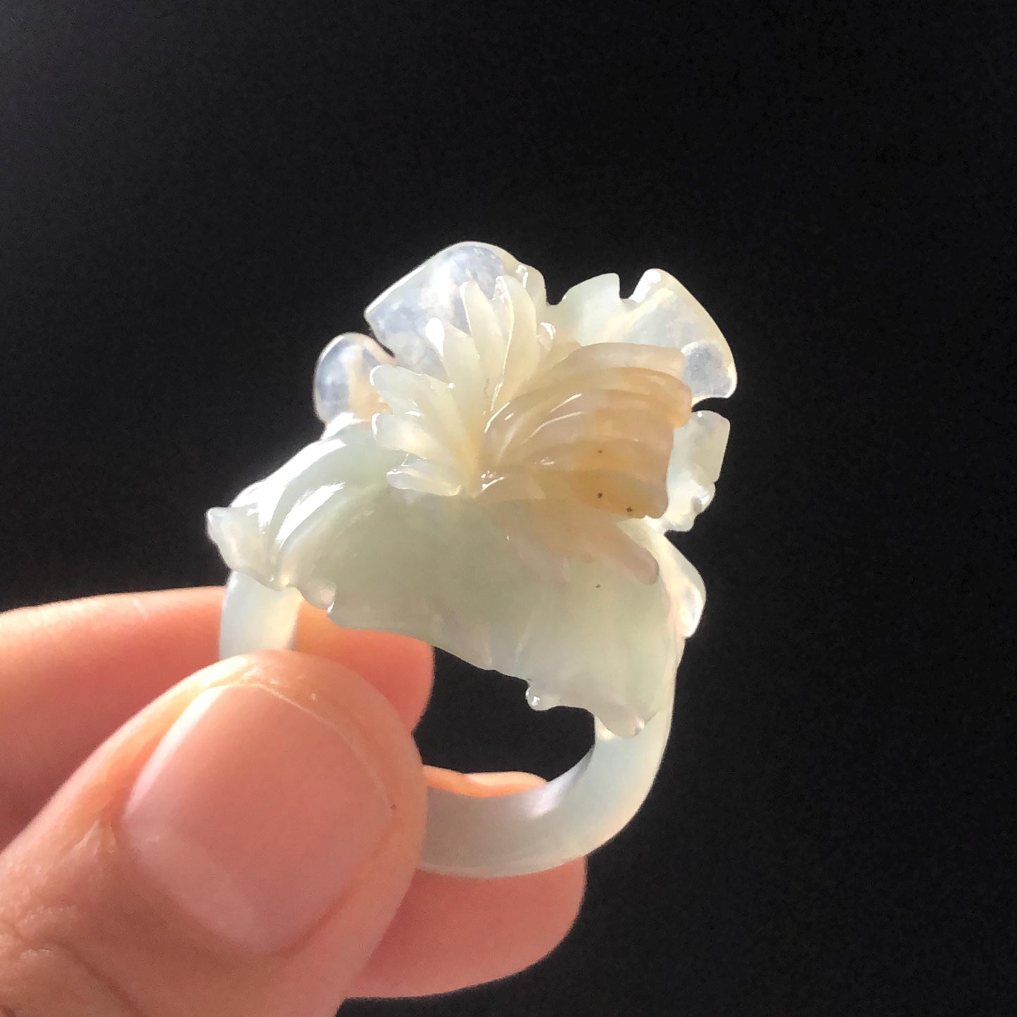 Natural Xiu Jade (Serpentine) Hand Craved Iris Flower Blooming Ring | 17.5mm (US 7.5) | Blue and Yellow | Crystal Stone Gemstone Ring