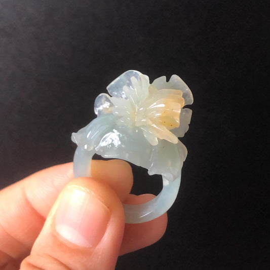 Natural Xiu Jade (Serpentine) Hand Craved Iris Flower Blooming Ring | 17.5mm (US 7.5) | Blue and Yellow | Crystal Stone Gemstone Ring