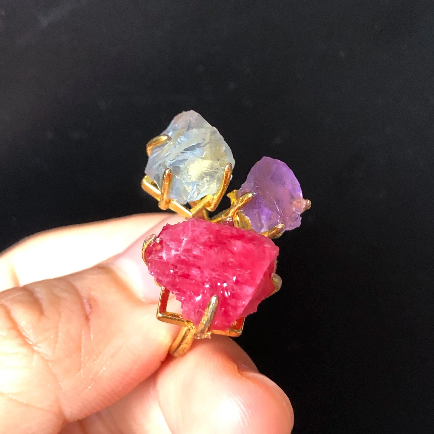 Raw Rhodonite, Amethyst, Fluorite Crystal Ring | 3 Colours Ring | Adjustable Statement Band Ring | Natural Rough Gemstone | Birthstone gift