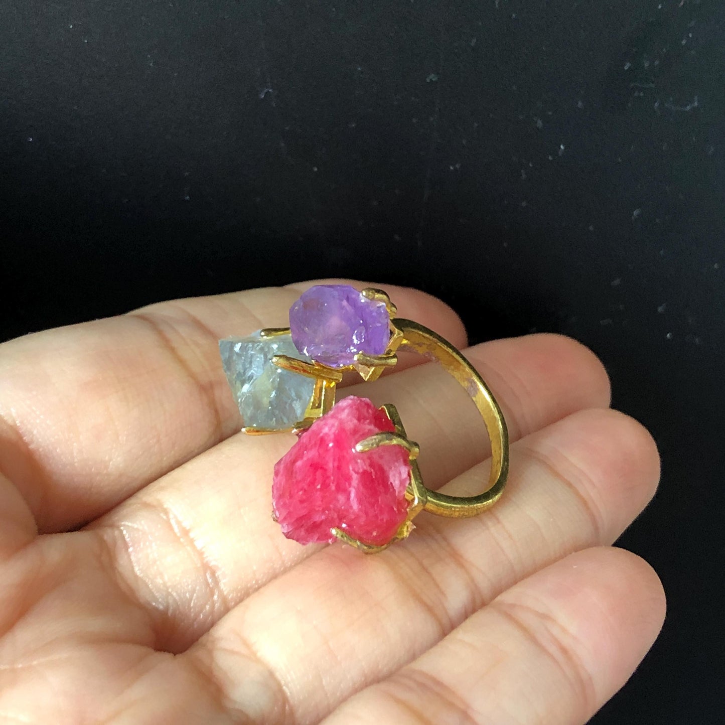 Raw Rhodonite, Amethyst, Fluorite Crystal Ring | 3 Colours Ring | Adjustable Statement Band Ring | Natural Rough Gemstone | Birthstone gift