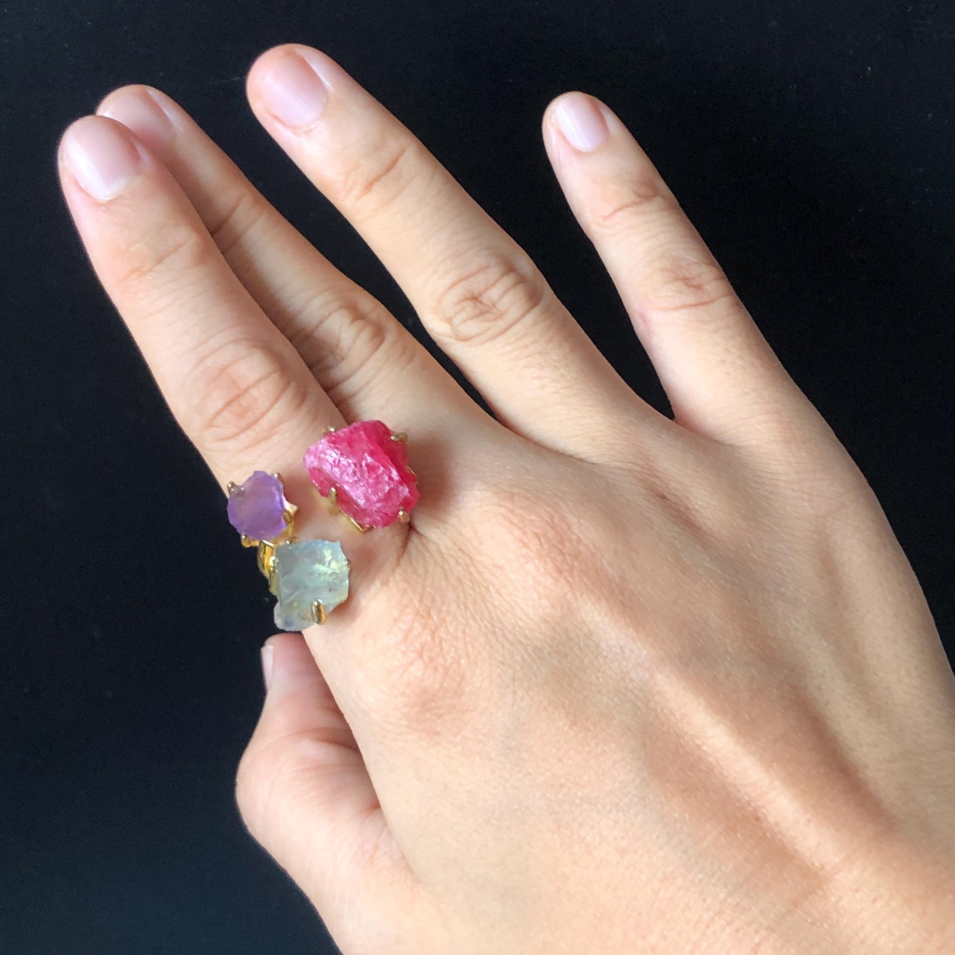 Raw Rhodonite, Amethyst, Fluorite Crystal Ring | 3 Colours Ring | Adjustable Statement Band Ring | Natural Rough Gemstone | Birthstone gift