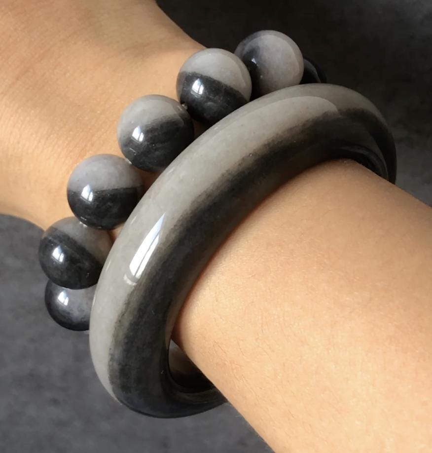 56.2 mm Natural SheTaiCui Jade (Quartzite) Bangle and Bracelet| Black and White | Stylish & Elegant | Crystal Gemstone Stone Jewellery