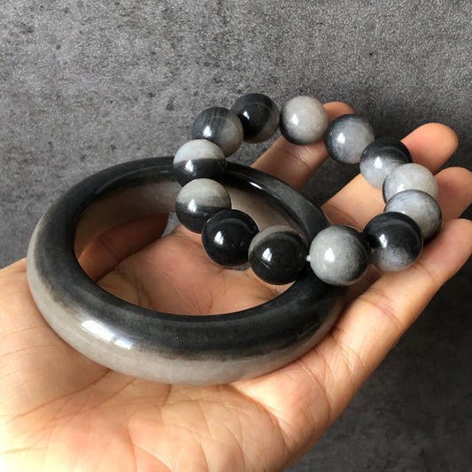 56.2 mm Natural SheTaiCui Jade (Quartzite) Bangle and Bracelet| Black and White | Stylish & Elegant | Crystal Gemstone Stone Jewellery