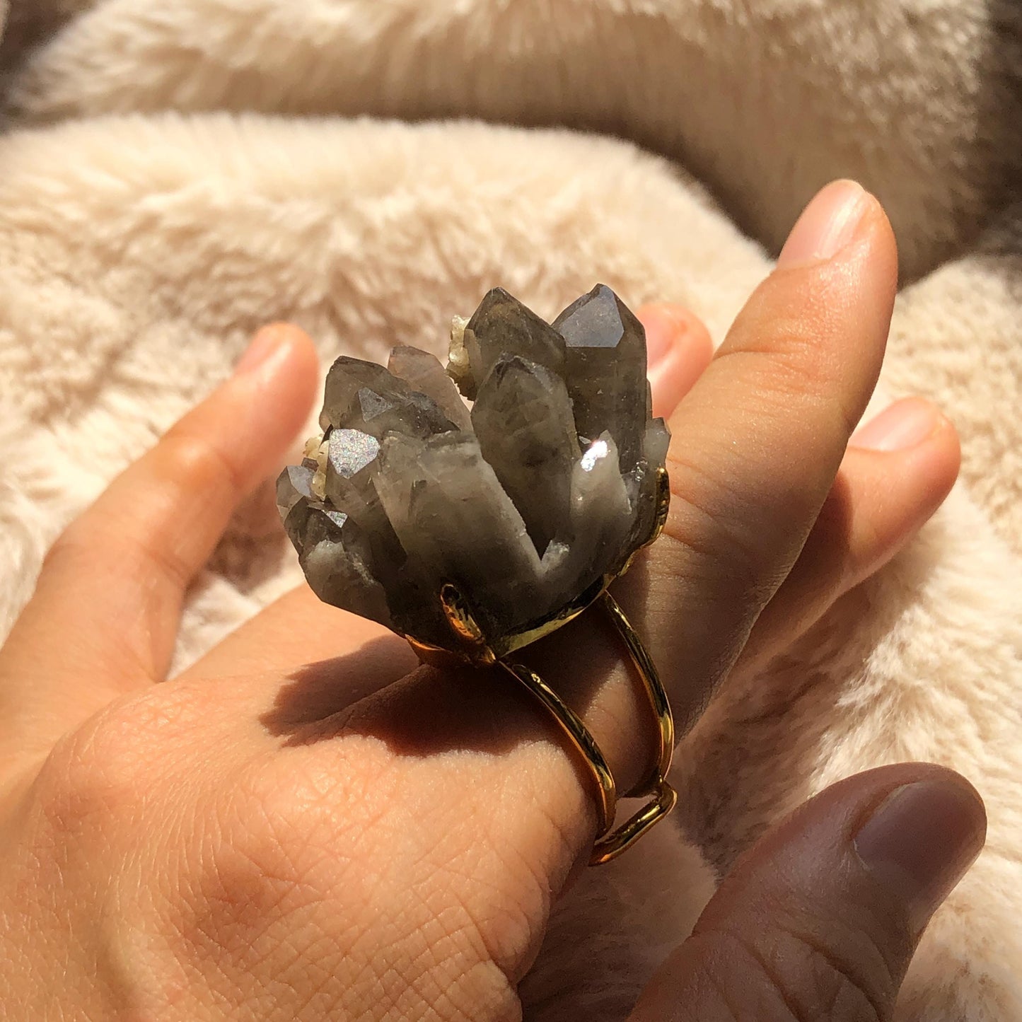 Raw Smoky Quartz Ring, Raw Stone Ring Big Crystal Ring, Large Quartz Statement Ring,  Raw Mineral Ring, Chunky Irregular ring gift for her, huge cocktail ring, Birthstone Gemstone Ring for men, gold-plated copper ring, adjustable band ring for women