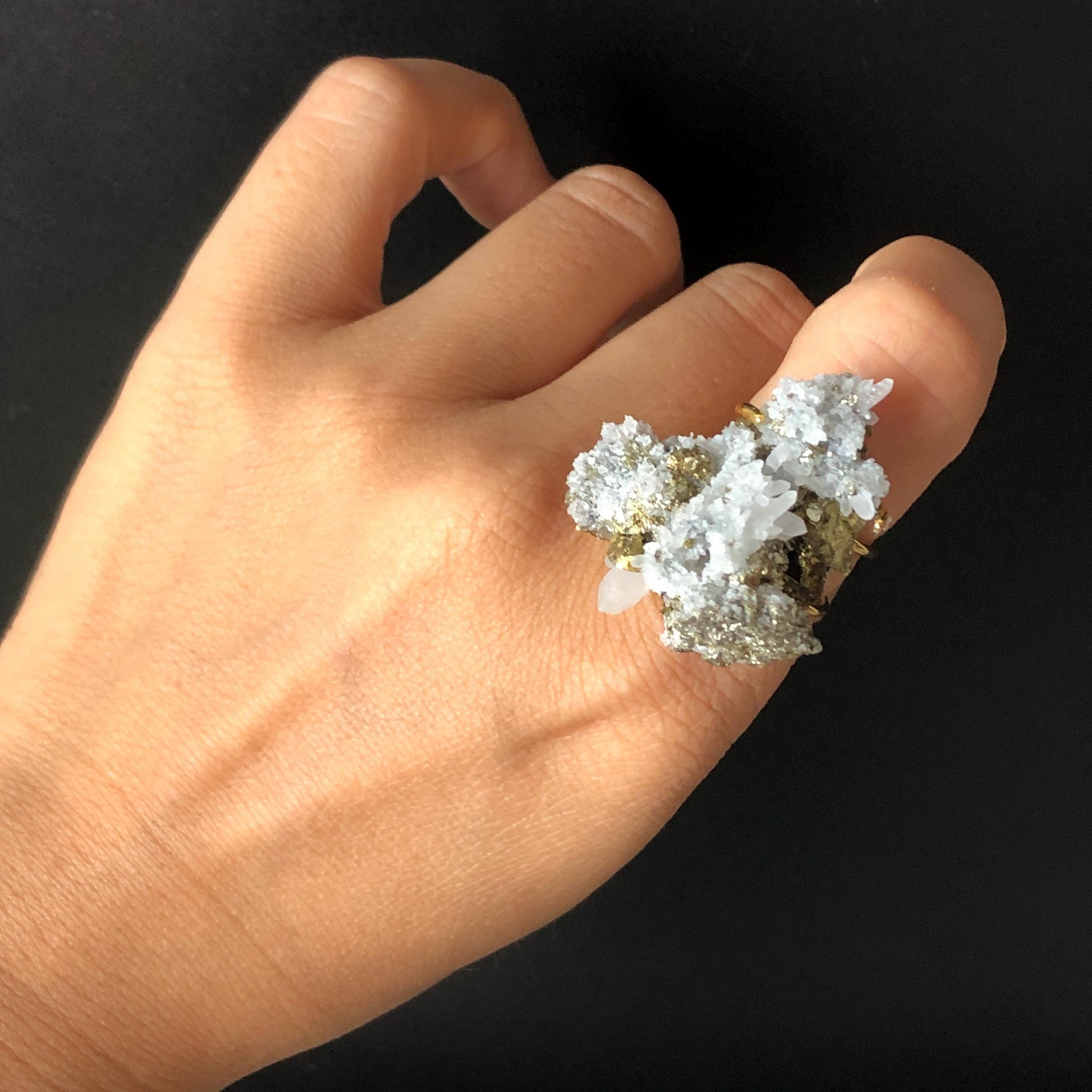 Raw Chalcopyrite Clear Quartz Crystal Ring | Raw Stone Ring | Abundance Stone | Adjustable Statement Band Ring | Natural Gemstone, big statement ring for men and women, adjustable band ring, chunky irregular ring gift for him and her, large crystal