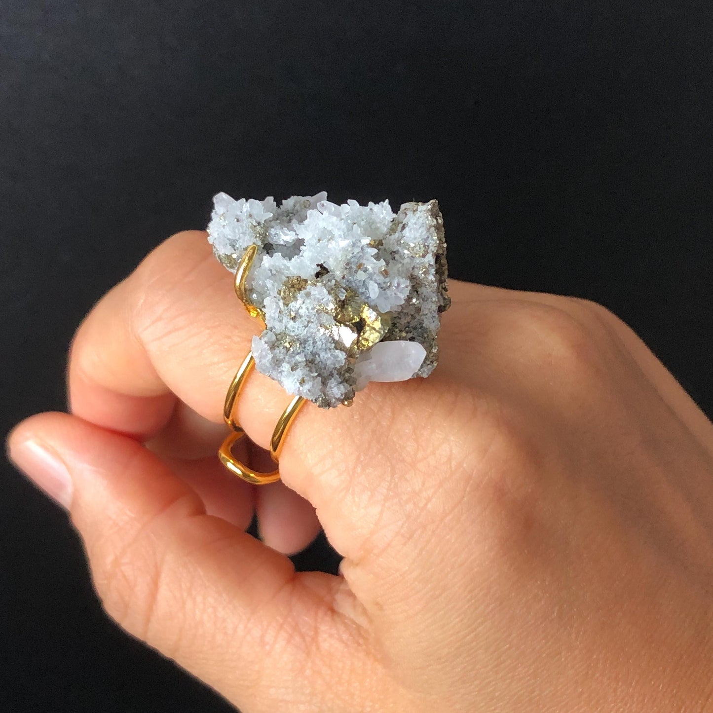 Raw Chalcopyrite Clear Quartz Crystal Ring | Raw Stone Ring | Abundance Stone | Adjustable Statement Band Ring | Natural Gemstone, big statement ring for men and women, adjustable band ring, chunky irregular ring gift for him and her, large crystal