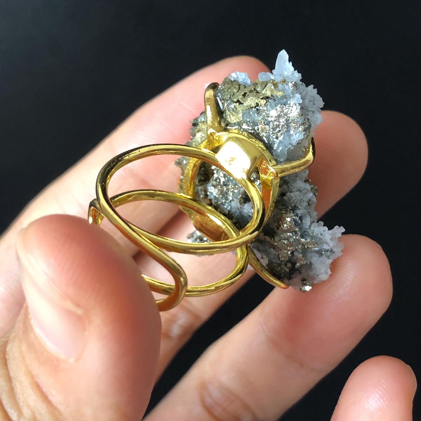 Raw Chalcopyrite Clear Quartz Crystal Ring | Raw Stone Ring | Abundance Stone | Adjustable Statement Band Ring | Natural Gemstone, big statement ring for men and women, adjustable band ring, chunky irregular ring gift for him and her, large crystal