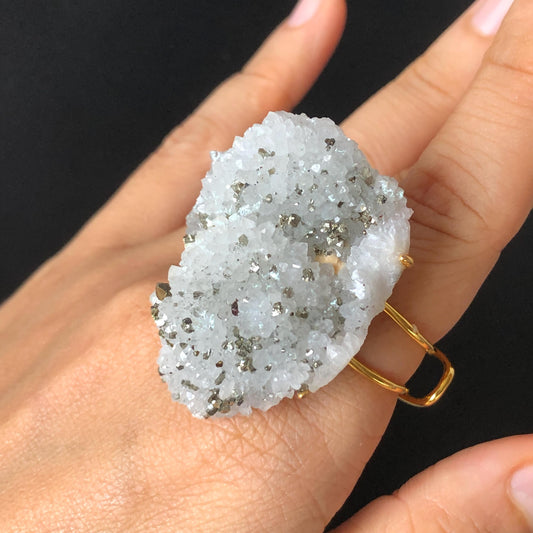 Raw Chalcopyrite and Clear Quartz Crystal Ring | Raw Stone Ring | Abundance Stone | Adjustable Statement Ring | Natural Gemstone Birthstone