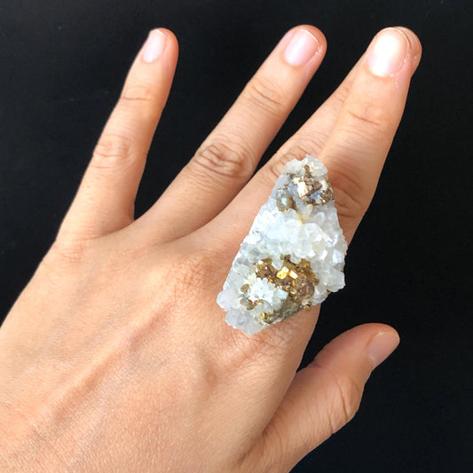 Raw Chalcopyrite and Clear Quartz Crystal Ring | Raw Stone Ring | Abundance Stone | Adjustable Statement Ring | Natural Gemstone Birthstone