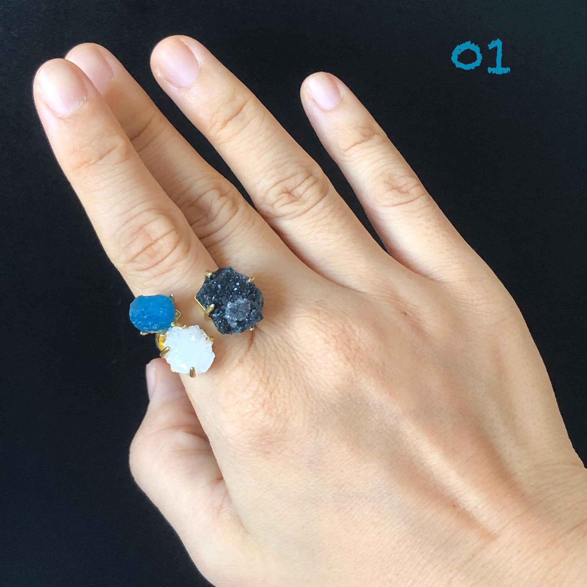 Raw Black Amethyst, Blue Apatite, White Clear Quartz Crystal Ring | 3 Colours Ring | Adjustable Statement Band Ring | Natural Gemstone