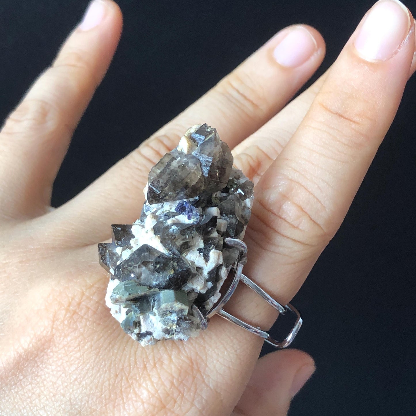 Smoky Quartz Feldspar Ring, silver-plated copper ring, Icy Grey Stone, Adjustable Statement Band Ring, Root Chakras, June Birthstone, Capricorn Sign, chunky raw crystal ring, irregular ring for men and women,  raw mineral ring, birthstone ring