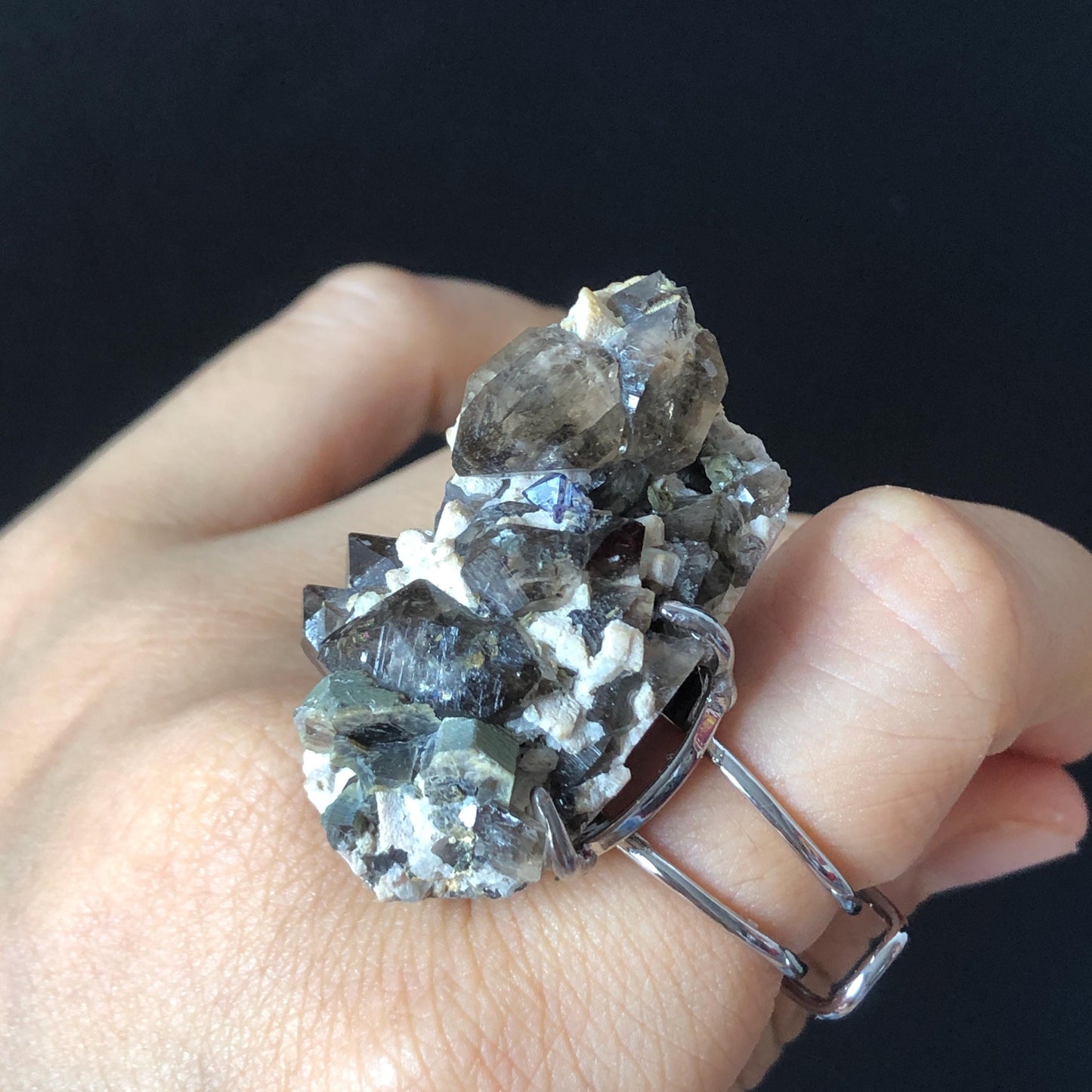 Smoky Quartz Feldspar Ring, silver-plated copper ring, Icy Grey Stone, Adjustable Statement Band Ring, Root Chakras, June Birthstone, Capricorn Sign, chunky raw crystal ring, irregular ring for men and women,  raw mineral ring, birthstone ring