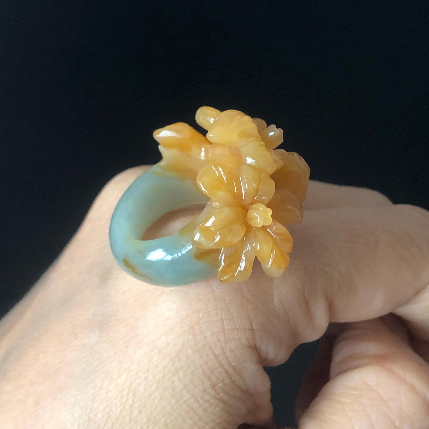 Natural Xiu Jade Serpentine Hand Craved Iris Flower Blooming Ring | 16.1mm (US 5.5-6) | Greenish Blue & Yellow | Crystal Stone Gemstone Ring