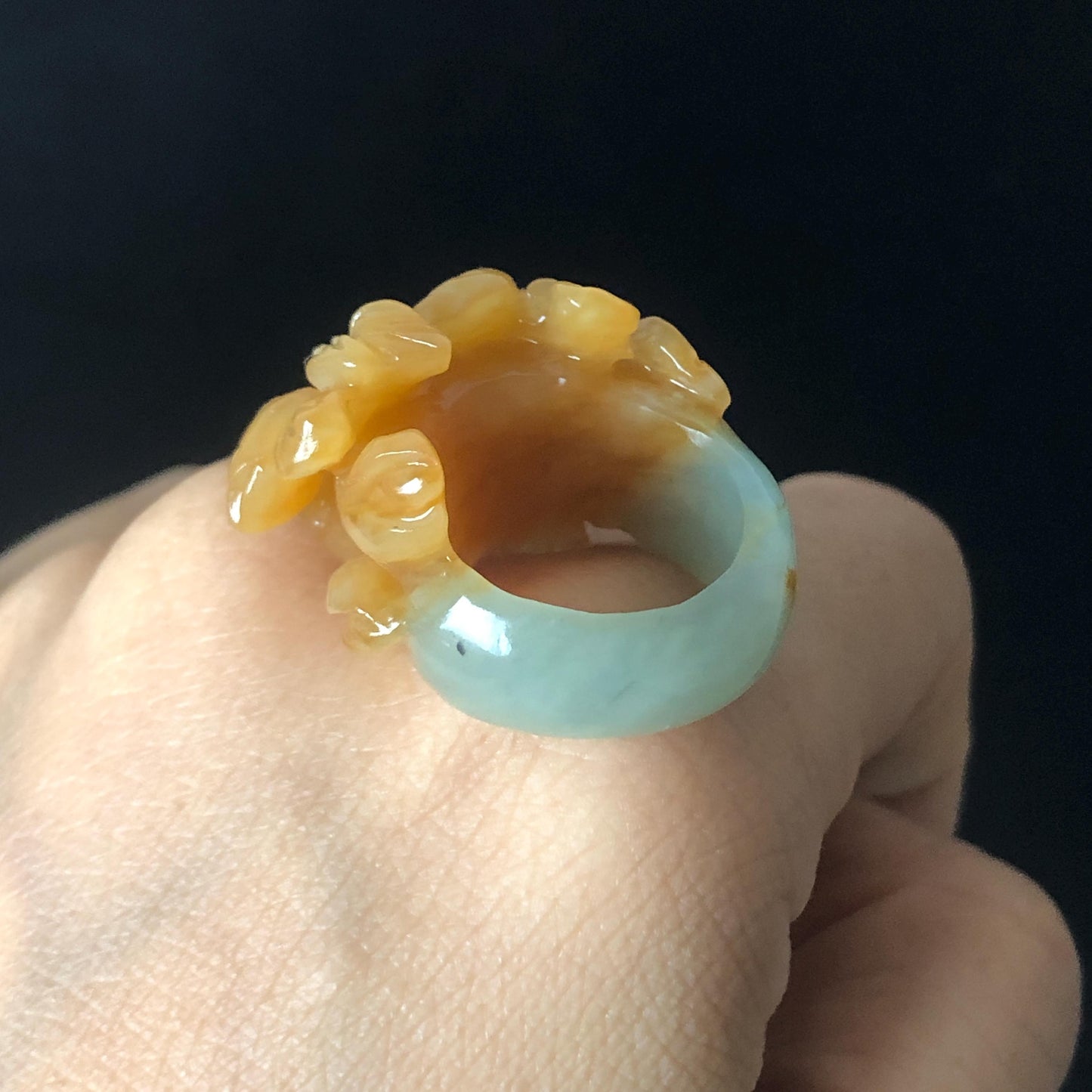 Natural Xiu Jade Serpentine Hand Craved Iris Flower Blooming Ring | 16.1mm (US 5.5-6) | Greenish Blue & Yellow | Crystal Stone Gemstone Ring