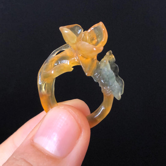 Natural Xiu Jade (Serpentine) Hand Craved Narcissus Flower with Butterfly Ring | 16mm (US 5.5-6) | Yellow & Green | Crystal Stone Gemstone