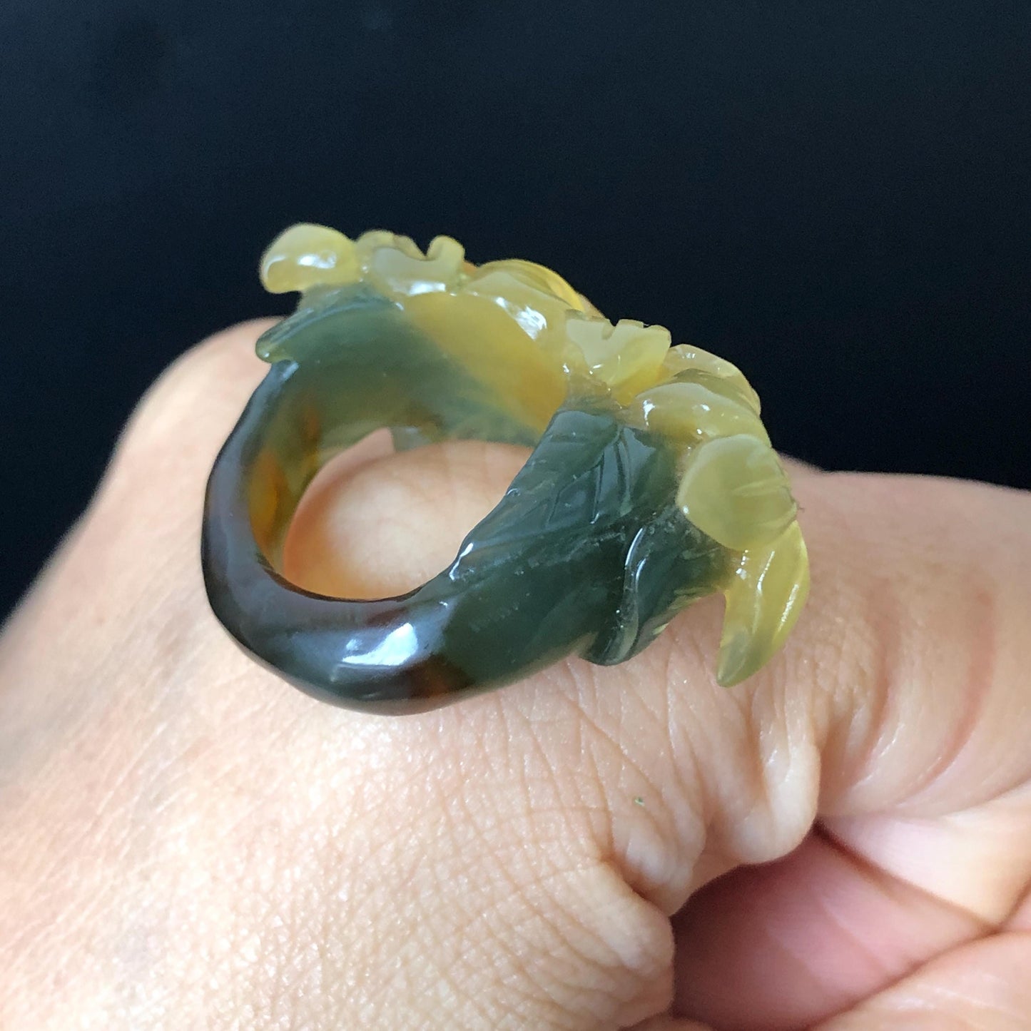 Natural Xiu Jade Serpentine Hand Carved Lily Flower Blooming Ring | 16mm (US 5.5-6) | Icy Green and Yellow | Crystal Stone Gemstone Ring