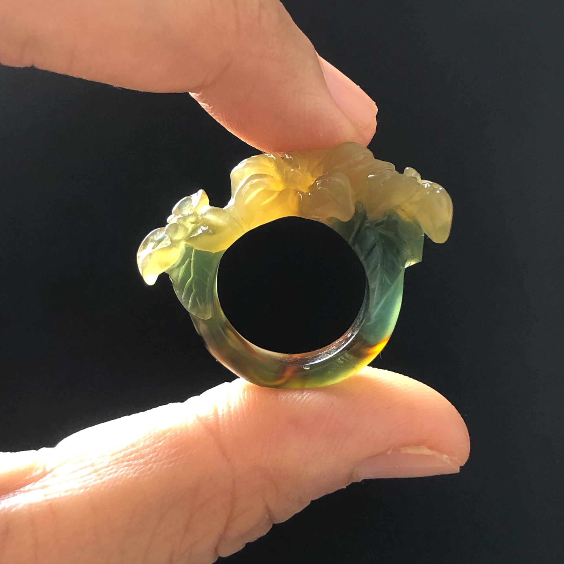 Natural Xiu Jade Serpentine Hand Carved Lily Flower Blooming Ring | 16mm (US 5.5-6) | Icy Green and Yellow | Crystal Stone Gemstone Ring