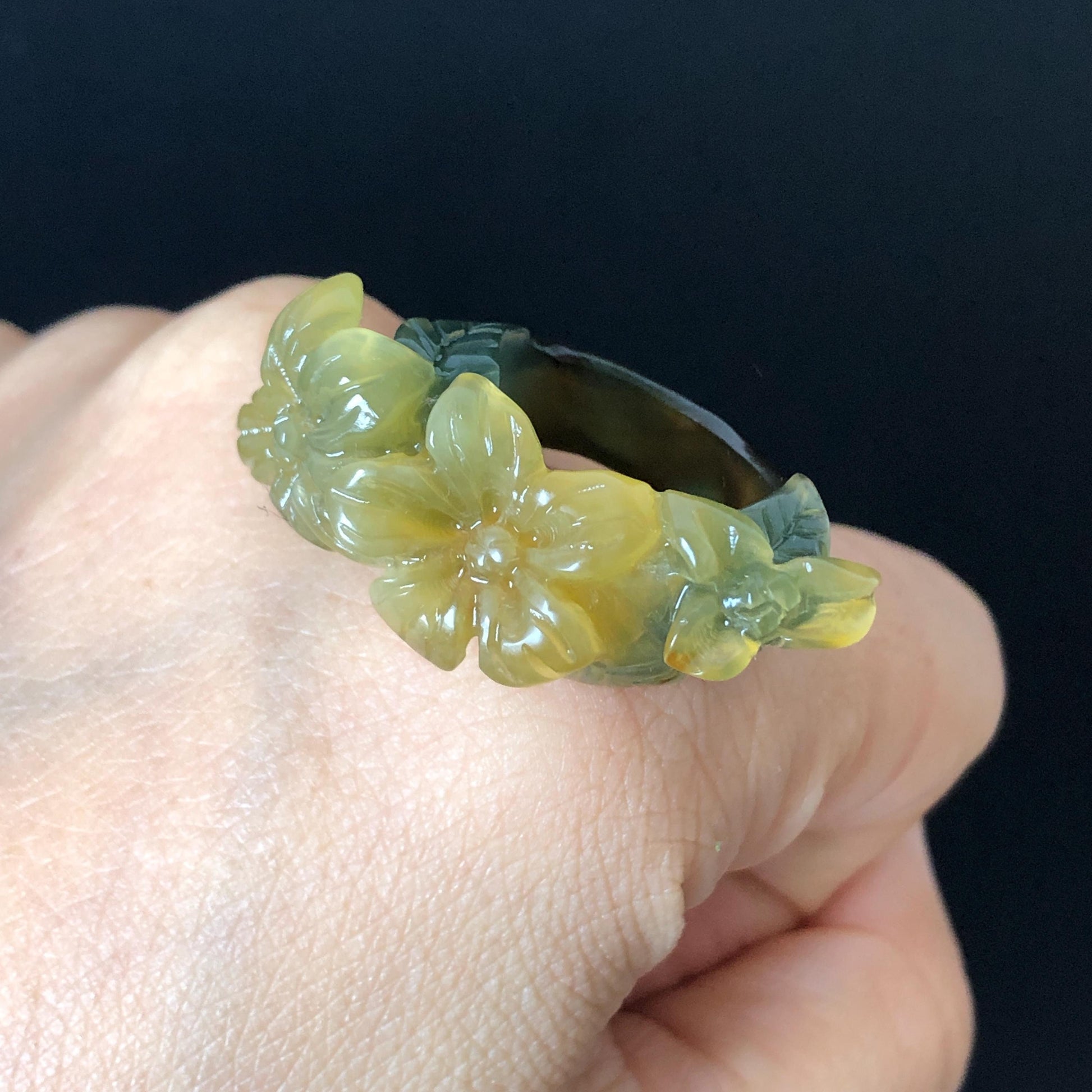 Natural Xiu Jade Serpentine Hand Carved Lily Flower Blooming Ring | 16mm (US 5.5-6) | Icy Green and Yellow | Crystal Stone Gemstone Ring