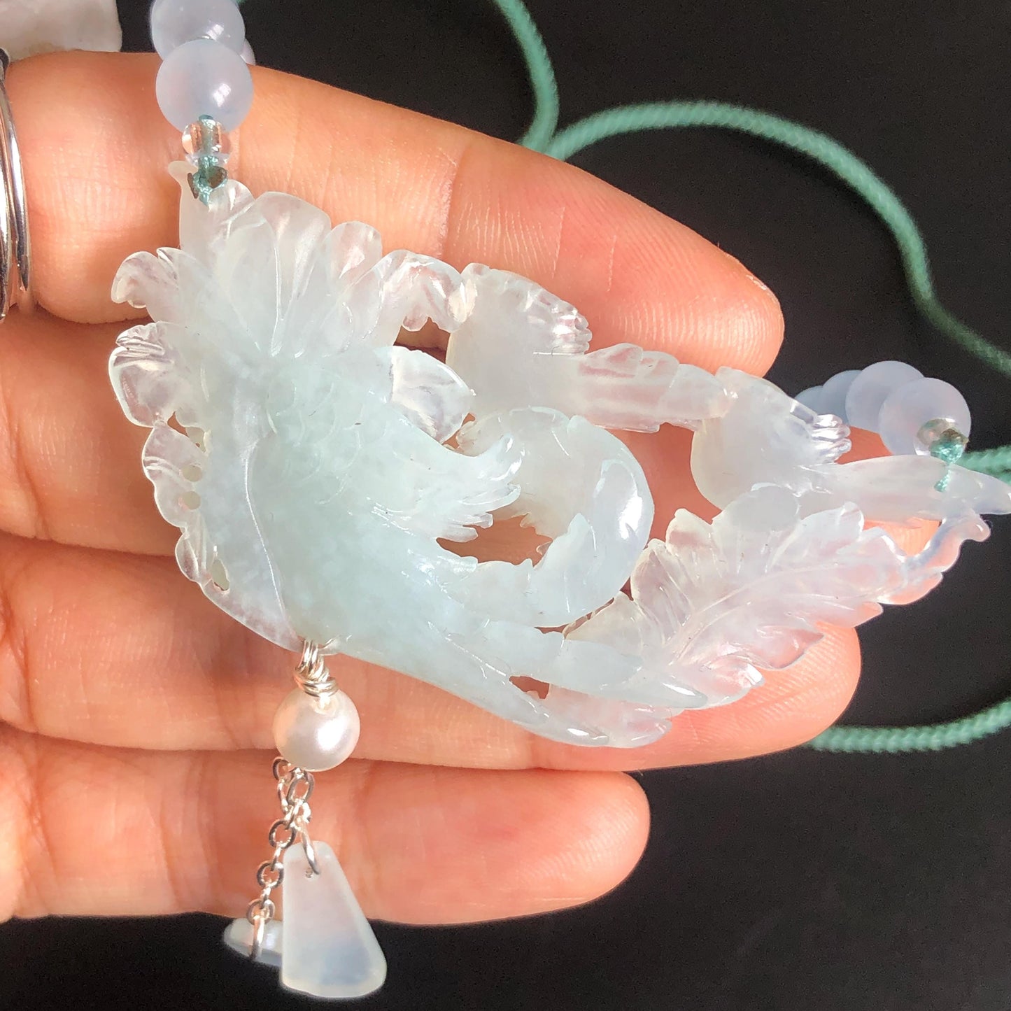 Certificate Natural Xiu Jade (Serpentine) Hand Carved Magpie Birds with Phoenix Pendant Adjustable Necklace Choker | Icy Milky Blue | Stone