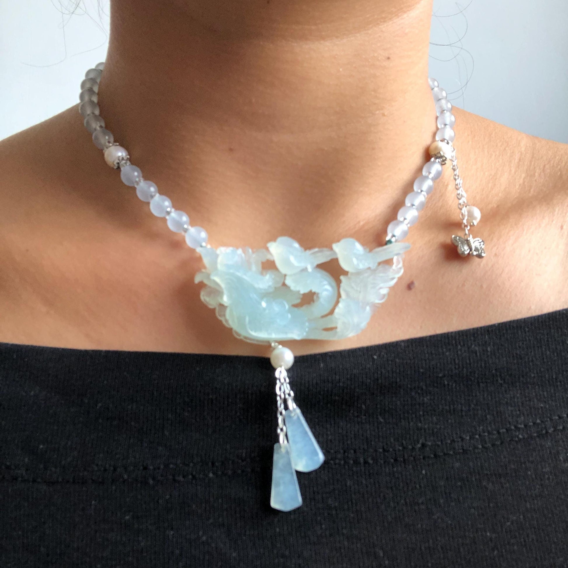 Certificate Natural Xiu Jade (Serpentine) Hand Carved Magpie Birds with Phoenix Pendant Adjustable Necklace Choker | Icy Milky Blue | Stone