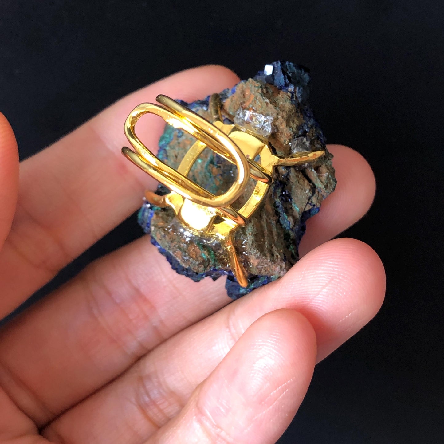 Raw Azurite Malachite Ring, Raw Stone Ring, Raw Crystal Ring, Big Statement Ring, Rough Irregular Chunky Gemstone Ring Gift for Men and Women, Sparky Shiny Crystal Ring, May Birthstone Ring, Silver Gold plated copper ring, birthday gift for her him