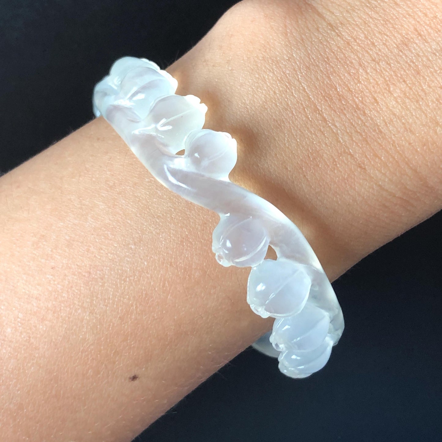 56.4mm Natural Xiu Jade (Serpentine) Hand Carved Lily of the Valley flowers Bangle and Ring Set | Icy White Jade | Crystal Stone Gemstone