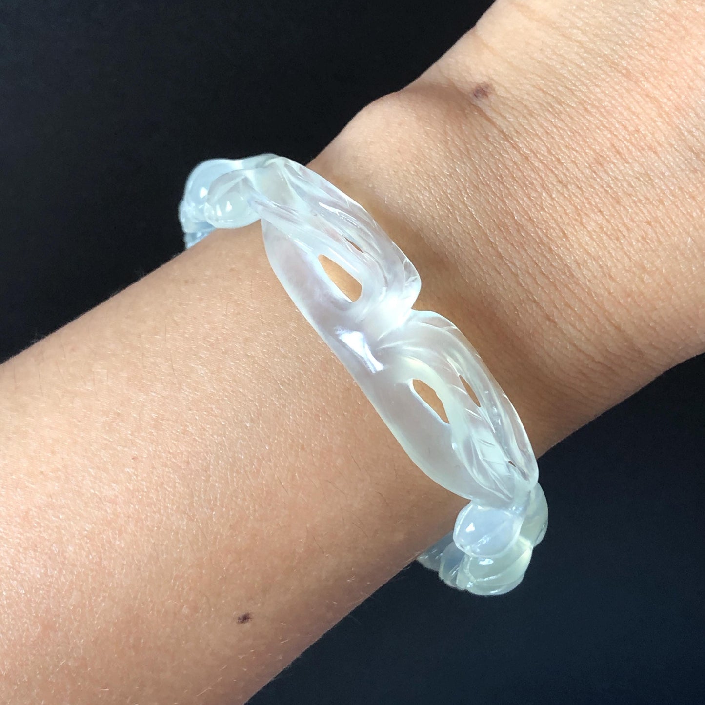 56.4mm Natural Xiu Jade (Serpentine) Hand Carved Lily of the Valley flowers Bangle and Ring Set | Icy White Jade | Crystal Stone Gemstone