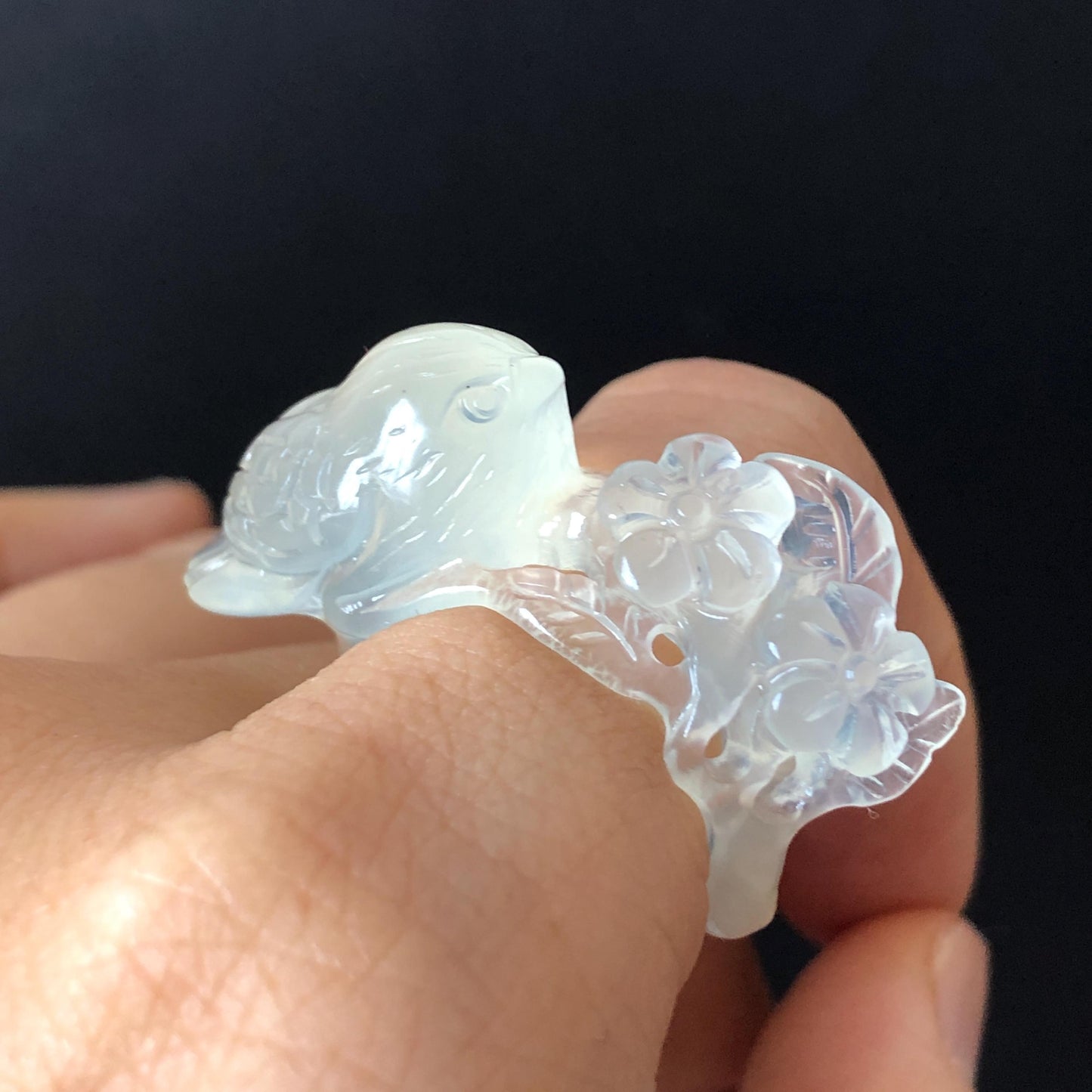 Natural Xiu Jade (Serpentine) Hand Carved Bird and Flower Ring | 16.4mm (US 6-6.5) | Icy White Translucent | Stone Crystal Gemstone