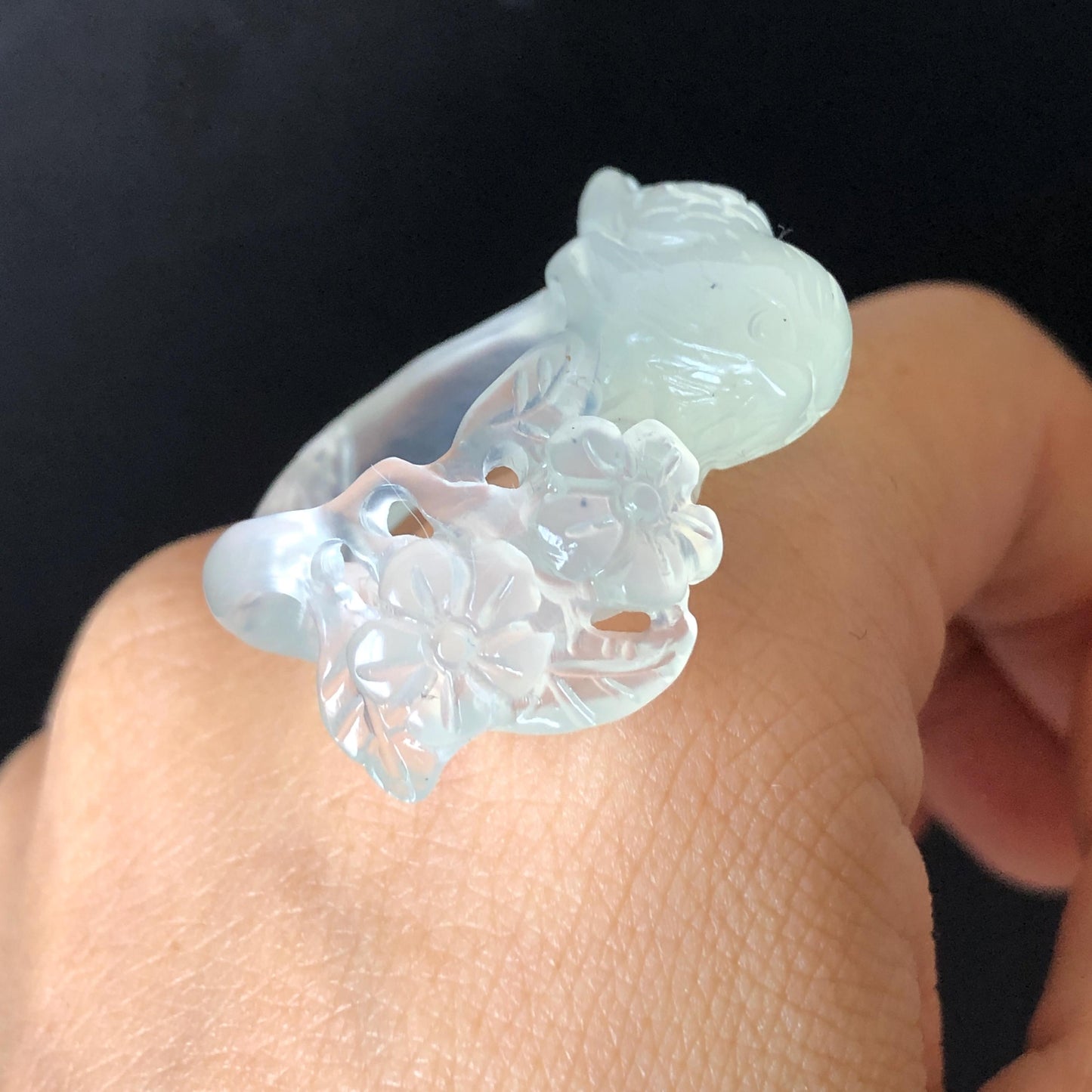 Natural Xiu Jade (Serpentine) Hand Carved Bird and Flower Ring | 16.4mm (US 6-6.5) | Icy White Translucent | Stone Crystal Gemstone