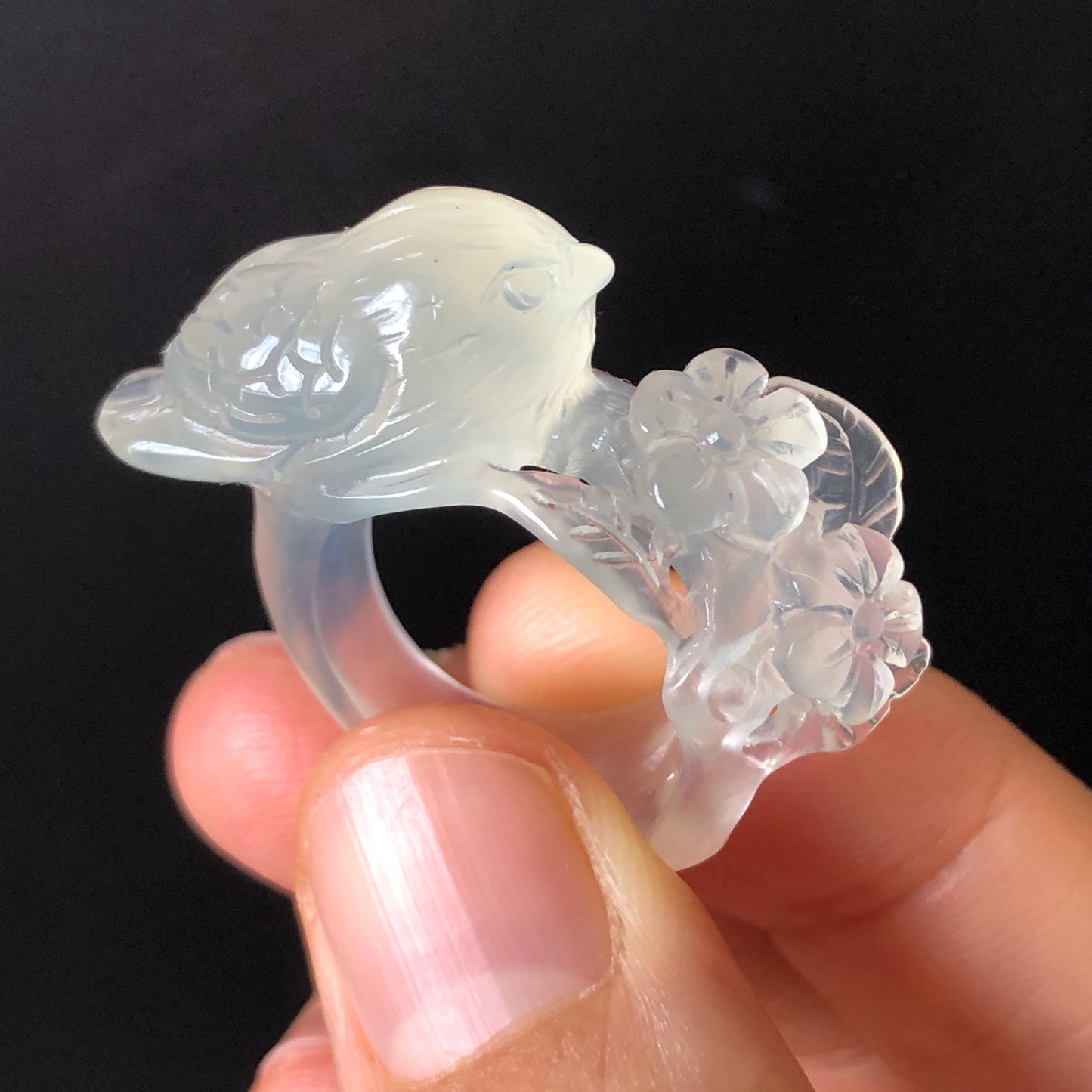 Natural Xiu Jade (Serpentine) Hand Carved Bird and Flower Ring | 16.4mm (US 6-6.5) | Icy White Translucent | Stone Crystal Gemstone