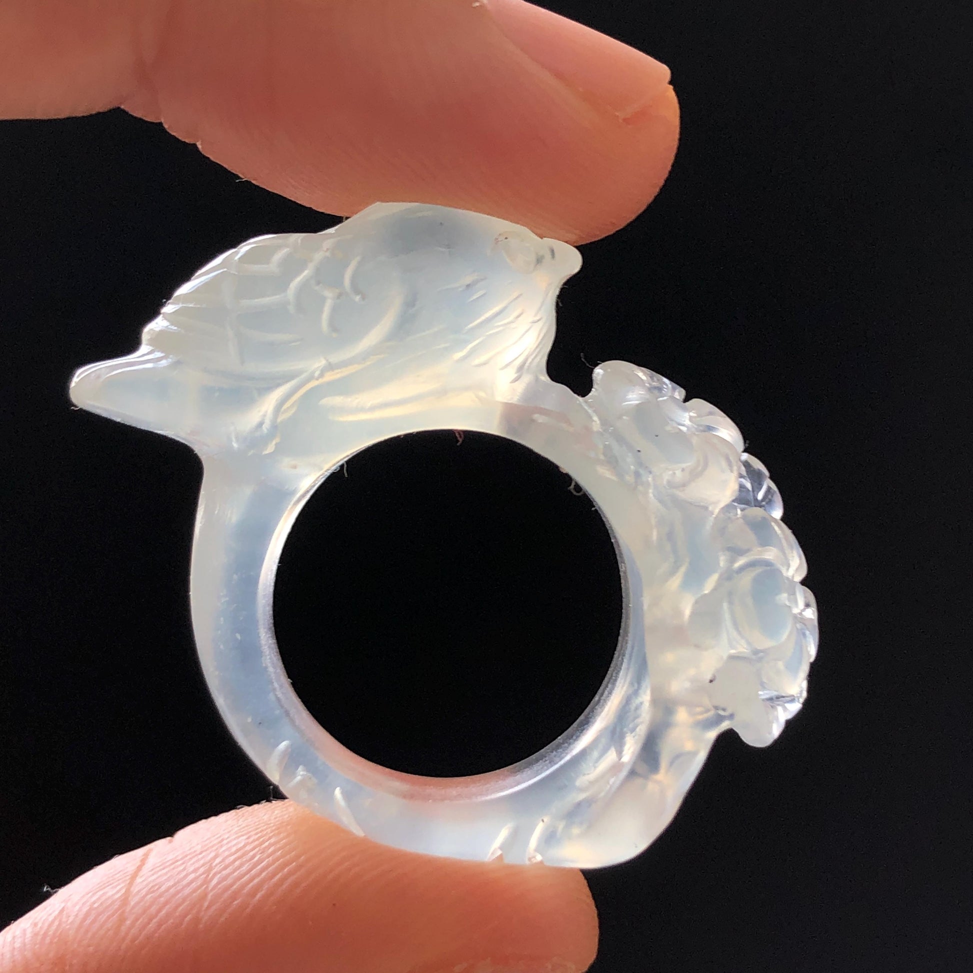 Natural Xiu Jade (Serpentine) Hand Carved Bird and Flower Ring | 16.4mm (US 6-6.5) | Icy White Translucent | Stone Crystal Gemstone