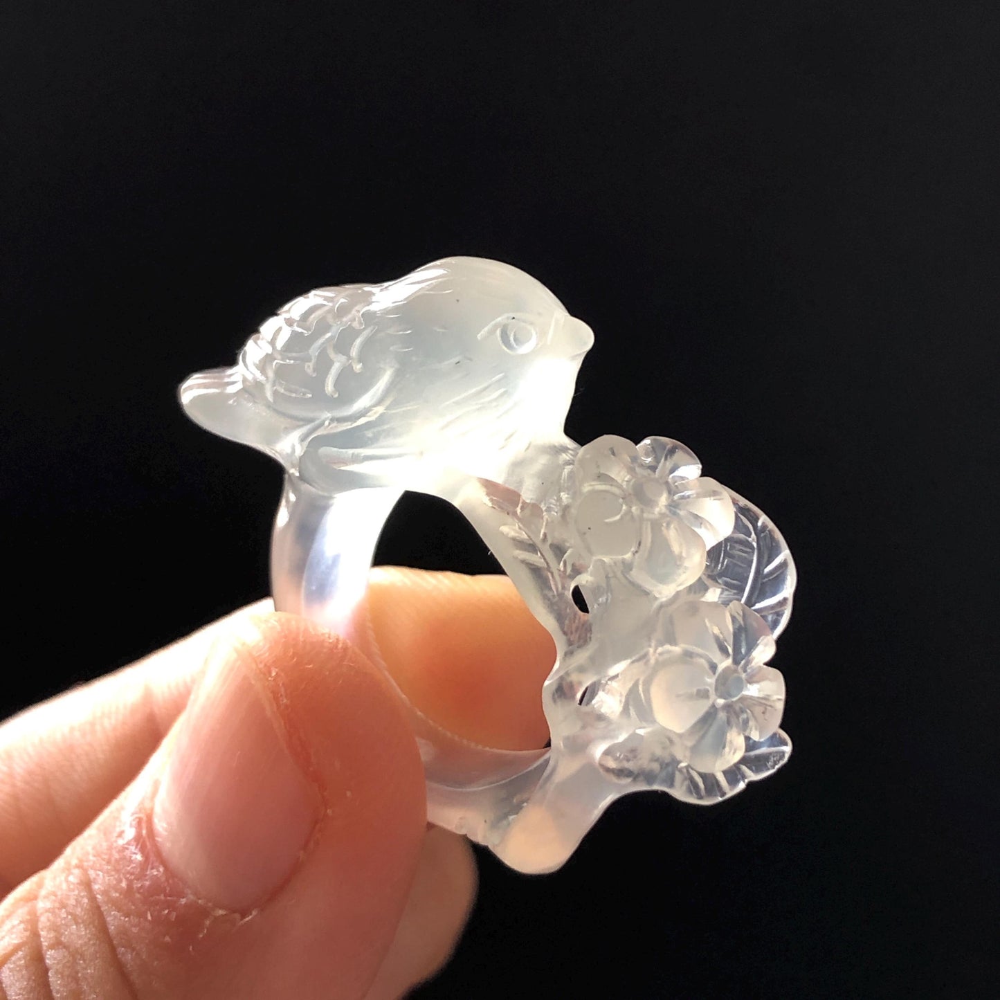 Natural Xiu Jade (Serpentine) Hand Carved Bird and Flower Ring | 16.4mm (US 6-6.5) | Icy White Translucent | Stone Crystal Gemstone