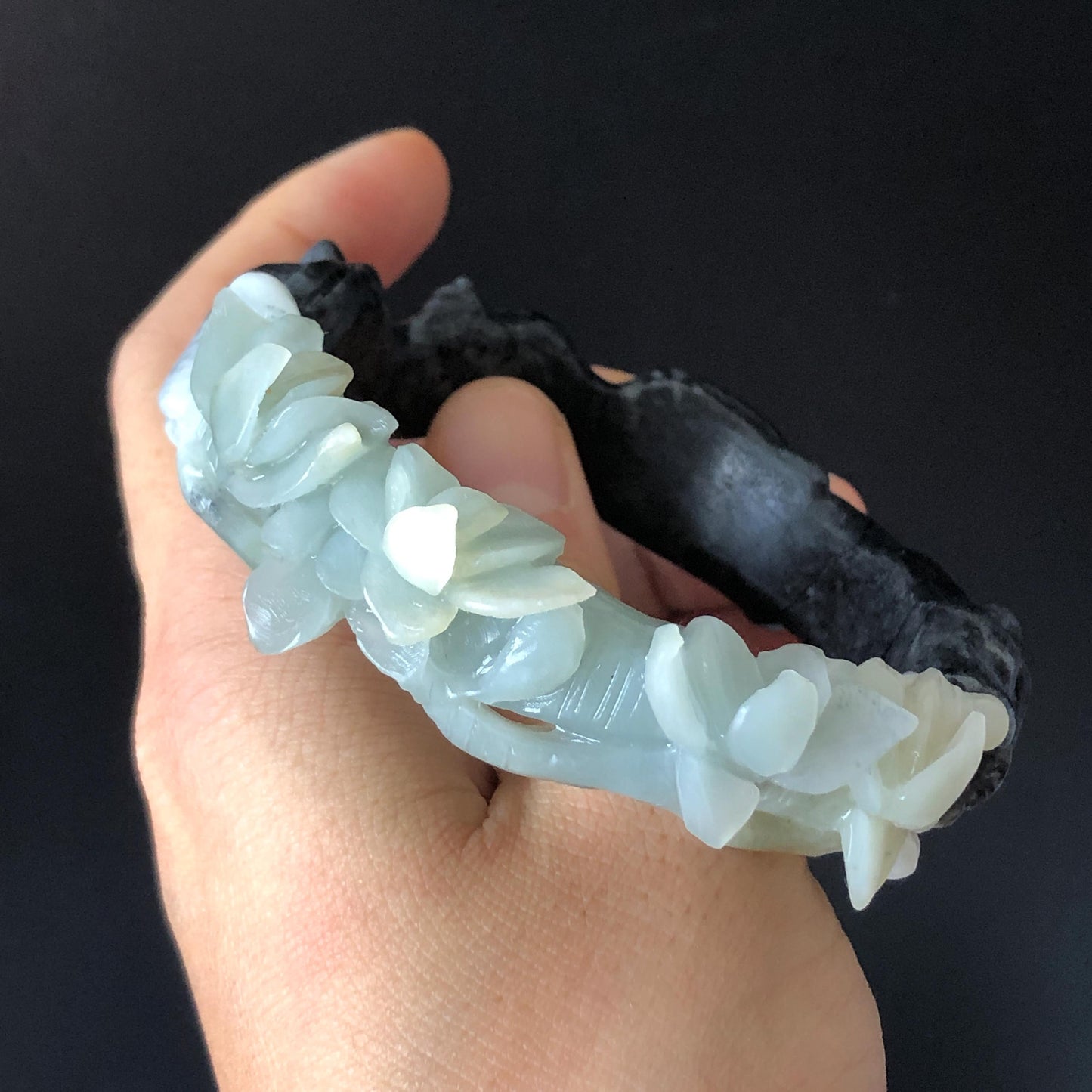 Certificate 56.3mm Natural Xiu Jade (Serpentine) Hand Carved Black Panther in Blue Peach Blossom Bangle | Crystal Stone Bracelet Gemstone