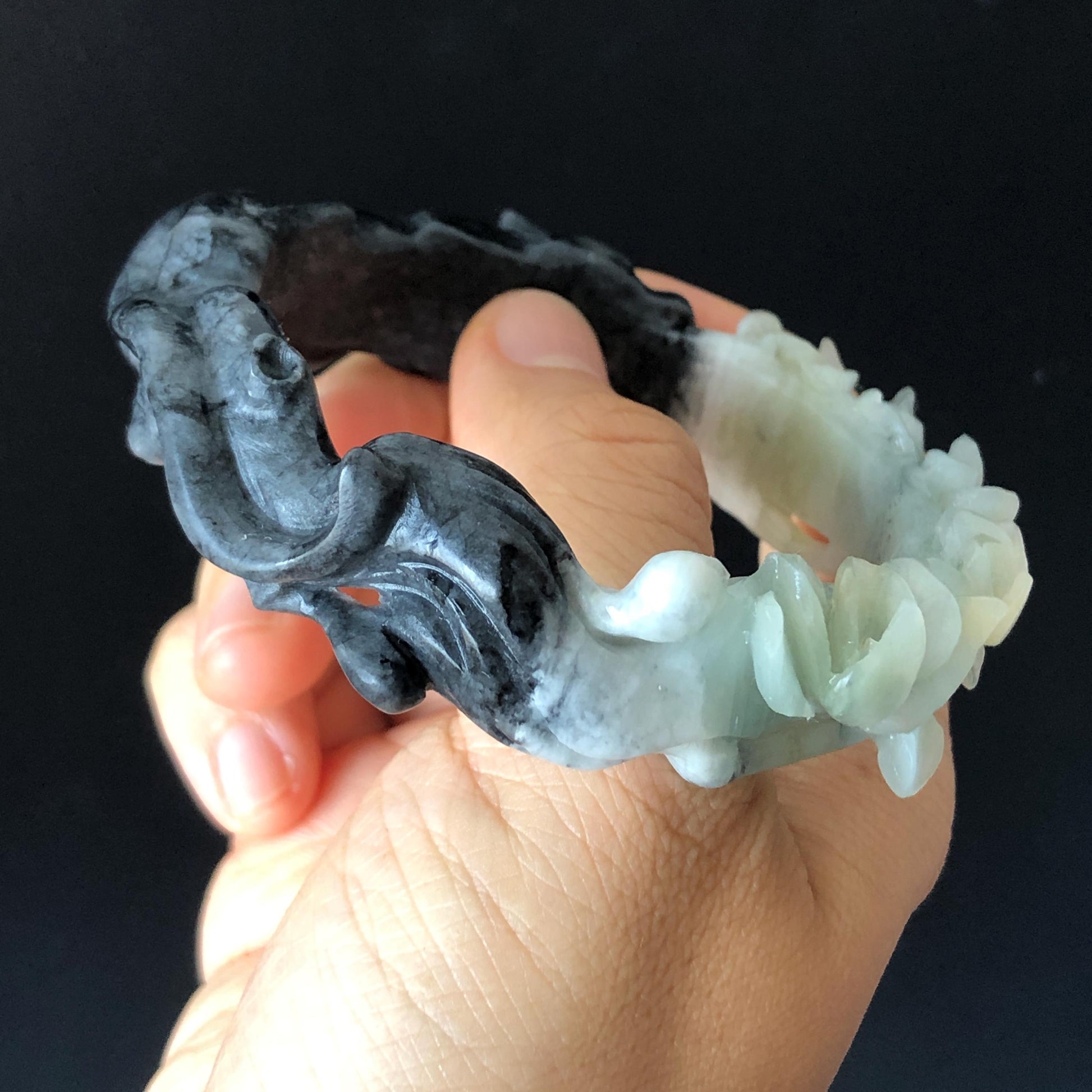 Certificate 56.3mm Natural Xiu Jade (Serpentine) Hand Carved Black Panther in Blue Peach Blossom Bangle | Crystal Stone Bracelet Gemstone